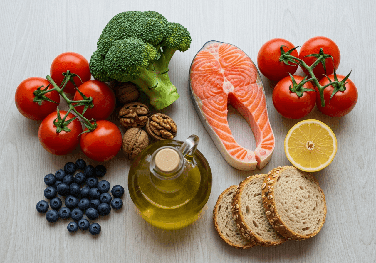 Mediterrane Ernährung mit Olivenöl Lachs Gemüse und Vollkorn als Anti-Aging-Basis