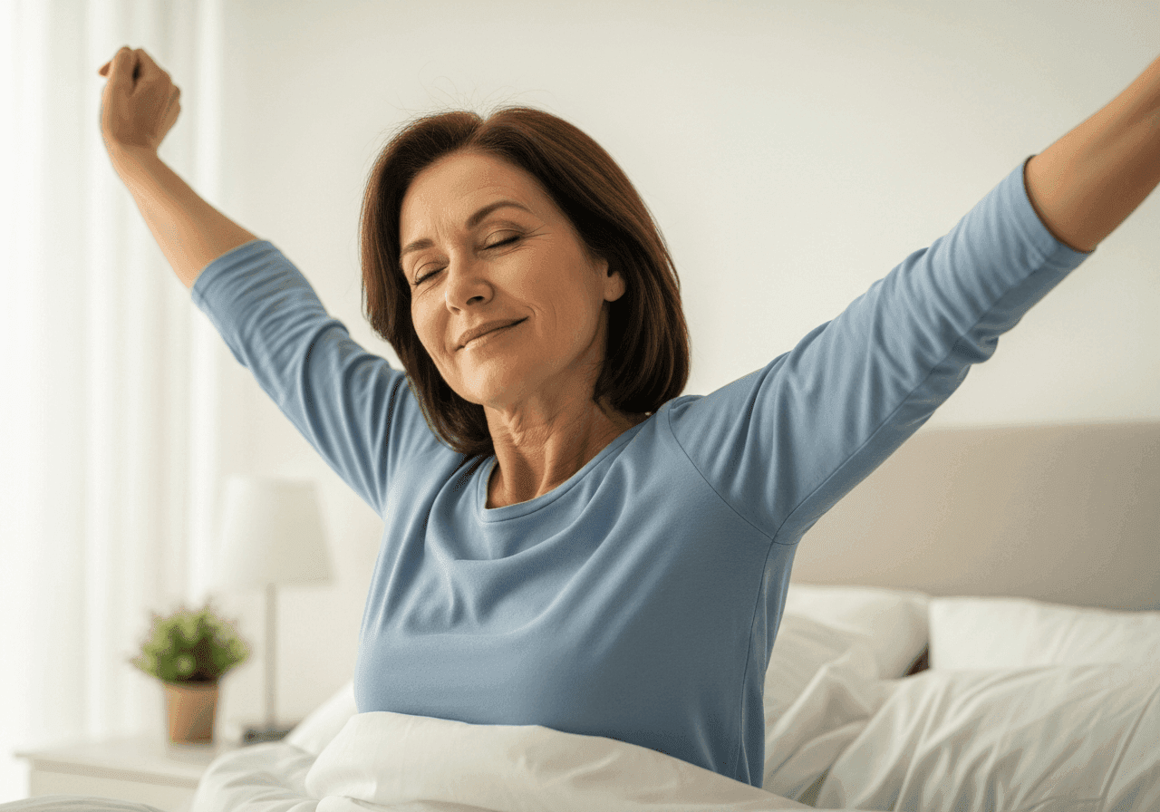Ausgeruhte Frau streckt sich morgens erholt im Bett