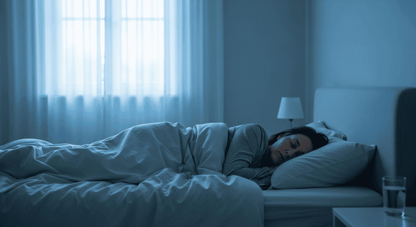 Person schläft erholt im ruhigen Schlafzimmer im sanften Morgenlicht
