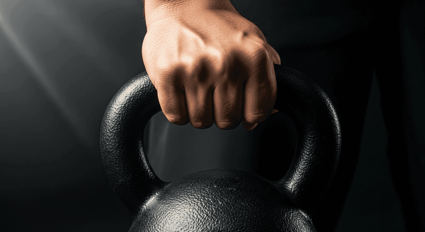 Kräftige Hand greift eine schwere Kettlebell zur Demonstration von Griffkraft