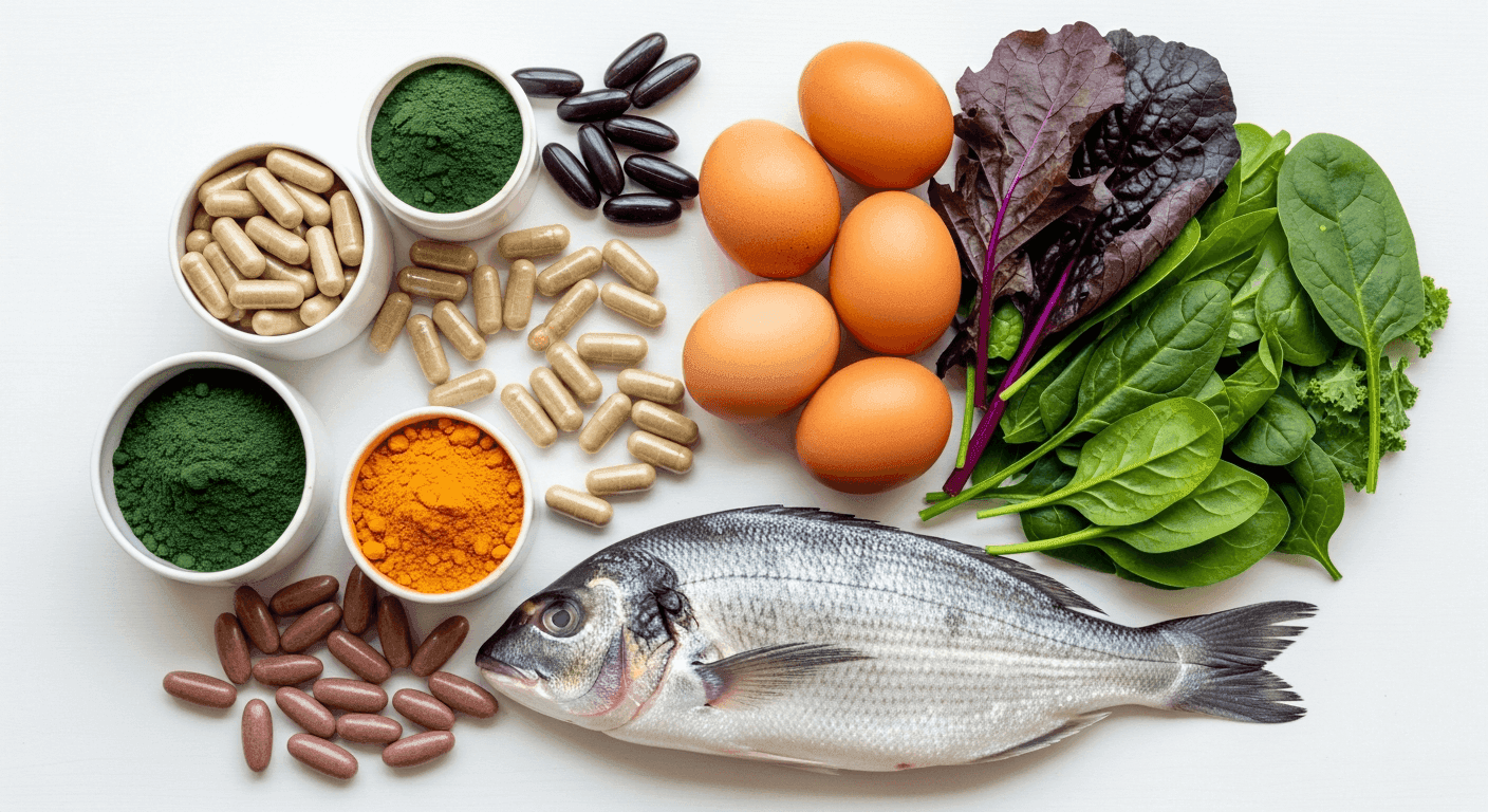 Nahrungsergänzungsmittel neben frischen Lebensmitteln als Symbol für den Longevity-Supplement-Check