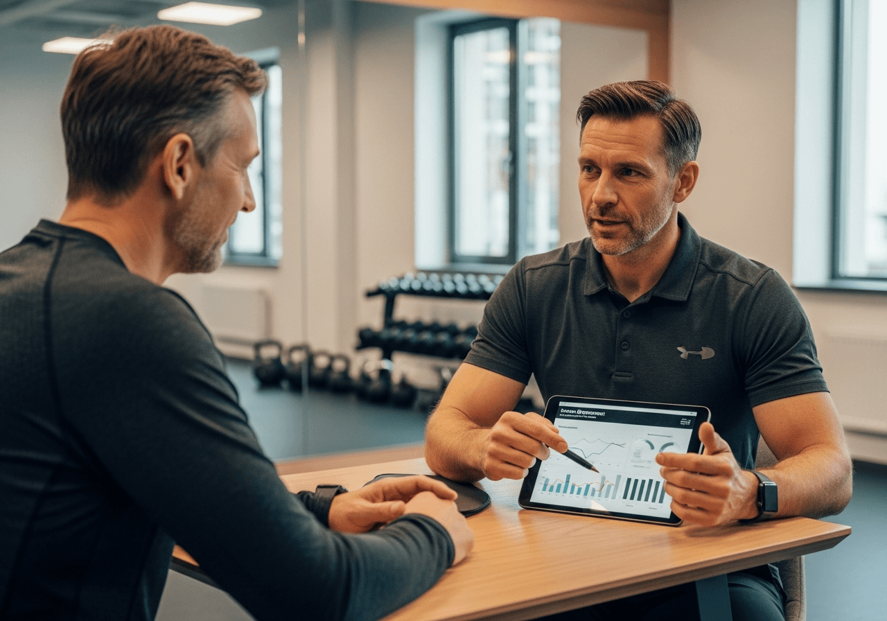 Longevity-Erstgespräch im Studio Isernhagen Longevity-Erstgespräch in Hannover - Personal Trainer erklärt Trainingsplan am Tablet