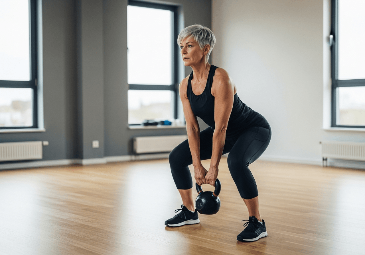 Kettlebell-Training für Muskelaufbau und Sarkopenie-Prävention Krafttraining gegen Sarkopenie - Frau über 60 trainiert mit Kettlebell