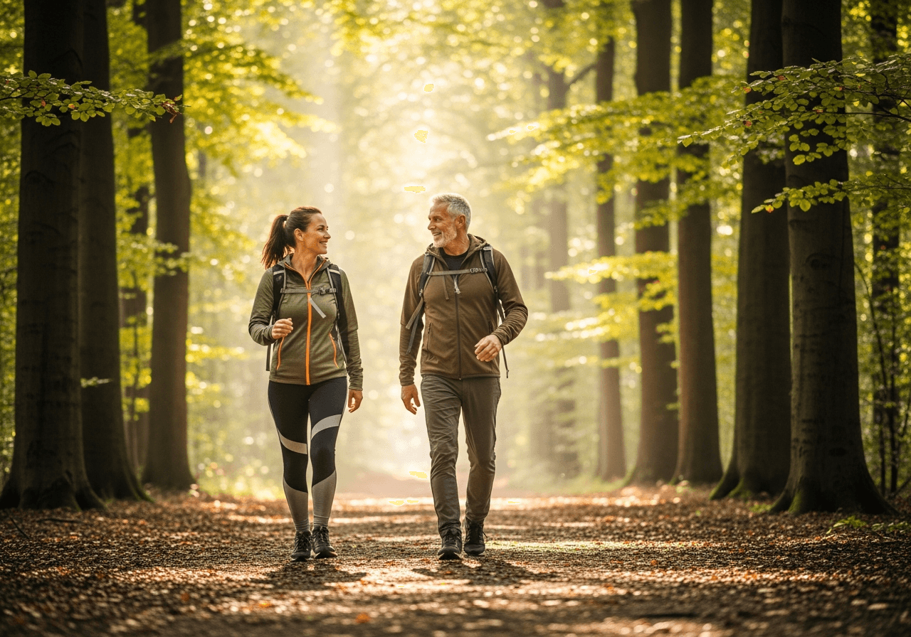 Zone 2 Cardio als Park-Walk in Hannover Zone 2 Training - zwei Personen beim entspannten Walking durch einen Buchenwald